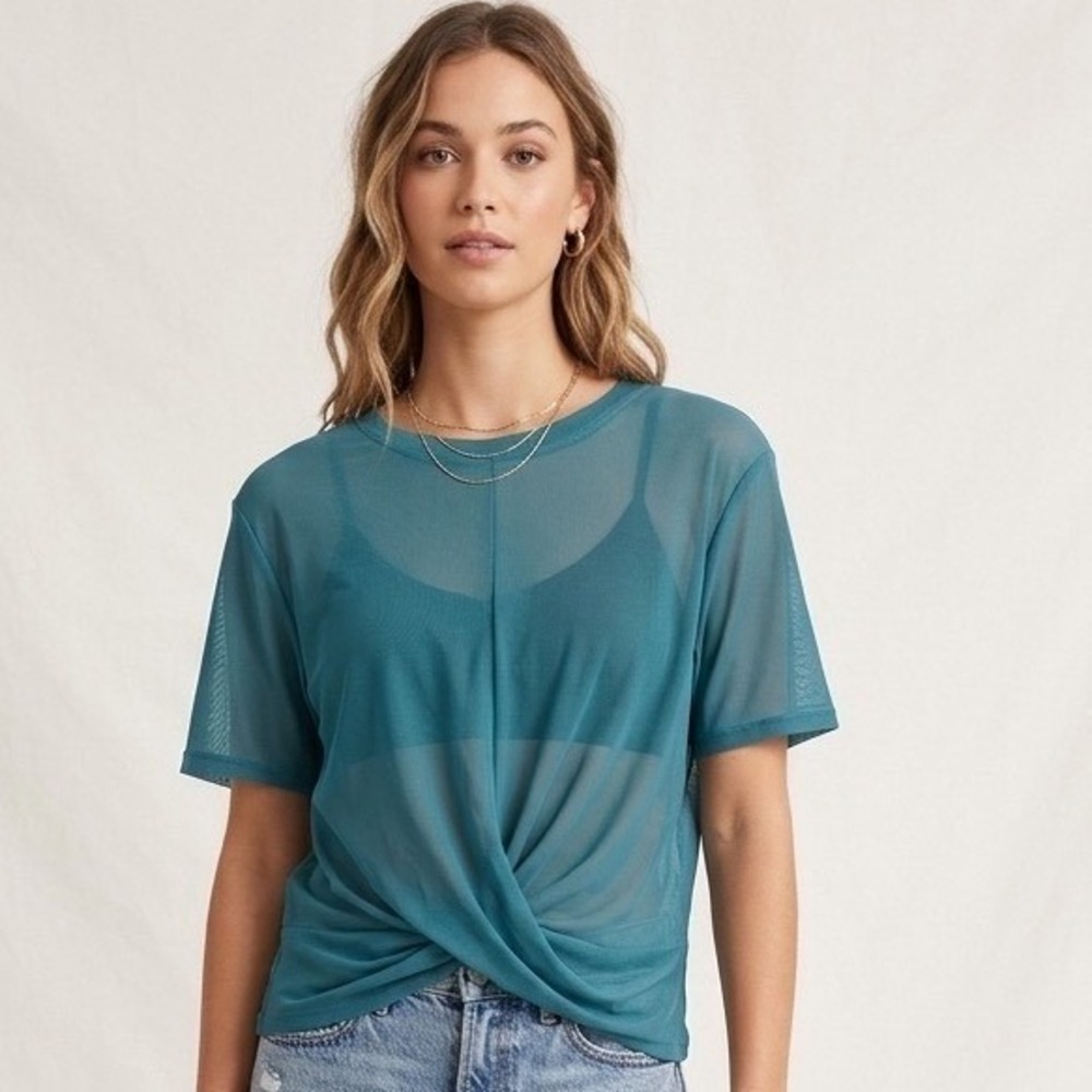 Isabella Active Wear Teal Blue Sheer Mesh Twist Front Short Sleeve Top Small NWT